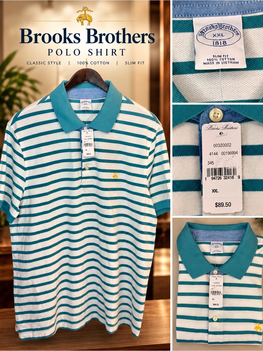 Brooks Brothers 1818 Polo Shirt XXL Teal White Striped 100% Cotton NWT Slim Fit